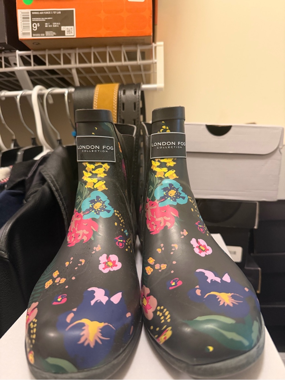 London Fog Black Floral Rain Ankle Boots with Multicolor Flowers
